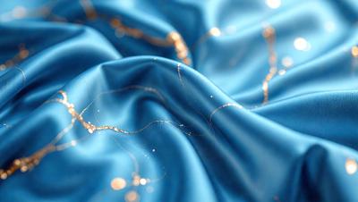 The primary subject of the image is a blue fabric with gold sequins or glittery threads. The setting is a close-up view of the fabric, showcasing the intricate details of the sequins. The visual style is a close-up of the fabric, emphasizing the sequins and their texture. The colors and mood of the image are predominantly blue and gold, creating a sense of luxury and elegance.