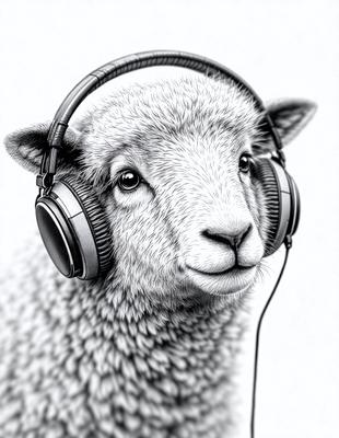 The primary subject of the image is a sheep with headphones on, giving it a unique and humorous appearance. The sheep is the main focus of the image, and it is positioned in the foreground. The setting is a white background, which provides a clean and uncluttered environment for the sheep. The visual style of the image is a combination of drawing and digital art, creating a whimsical and creative scene. The colors and mood of the image are predominantly white, giving it a clean and fresh
