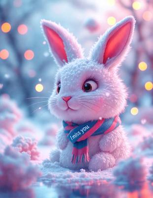 The primary subject of the image is a white bunny rabbit with a scarf around its neck. The setting is a snowy environment, with the rabbit sitting in the snow. The visual style is a digital art illustration, giving the image a whimsical and charming appearance. The dominant colors are white and pink, creating a warm and cozy atmosphere.