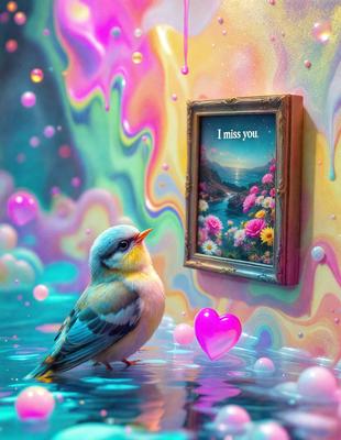 The primary subject of the image is a small bird perched on a heart-shaped pink object. The bird is looking at a picture frame with a painting of flowers in it. The setting appears to be a colorful and vibrant environment, possibly a water surface or a creative artistic space. The visual style of the image is a combination of photo and digital art, creating a unique and artistic atmosphere. The colors and mood of the image are predominantly pink and heartwarming, reflecting a