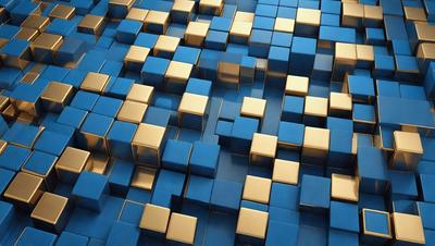 The primary subject of the image is a blue and gold patterned surface, which appears to be a wall or a floor. The setting is a room with a blue and gold checkered pattern, giving the space a unique and visually appealing atmosphere. The visual style of the image is a combination of photo and digital art, creating a vibrant and eye-catching design. The dominant colors in the image are blue and gold, which contribute to the overall mood of the space.