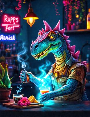 The primary subject of the image is a cartoon dinosaur, specifically a T-Rex, sitting at a bar. The setting is a bar with a counter, and the visual style is a digital art or illustration. The colors and mood of the image are vibrant and lively, with the T-Rex appearing to be enjoying a drink.