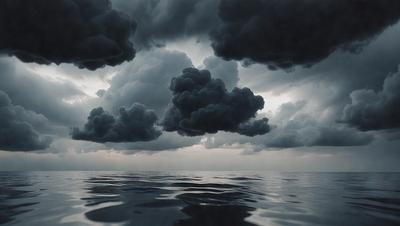 The primary subject of the image is a large body of water, with a cloudy sky above it. The setting is a vast ocean, and the visual style is a photo. The colors and mood of the image are dark and moody, with the clouds looming over the water.
