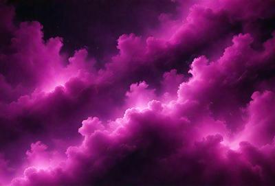The primary subject of the image is a purple cloud with pink accents, which is the main focus of the scene. The setting is a dark sky, creating a dramatic backdrop for the cloud. The visual style of the image is a digital art or illustration, as it appears to be a painting or drawing of a cloud. The dominant colors in the image are purple and pink, giving it a vibrant and lively atmosphere.