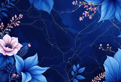 The primary subject of the image is a blue background with a pattern of flowers and leaves. The setting is a dark blue sky, and the visual style appears to be a combination of digital art and illustration. The dominant colors are blue and pink, creating a calm and serene atmosphere.