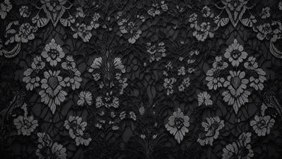 The primary subject of the image is a black and white lace pattern. The setting is a black background, and the visual style is a close-up of the lace pattern. The colors and mood of the image are predominantly black and white, creating a classic and elegant atmosphere.