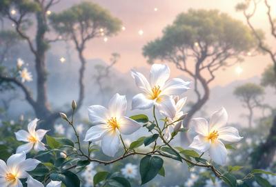 Primary subject: White flowers with yellow centers.

Setting/background: A forest with trees and a mountainous background.

Visual style: Digital art.

Colors and mood: The flowers are predominantly white with yellow centers, creating a serene and peaceful atmosphere.