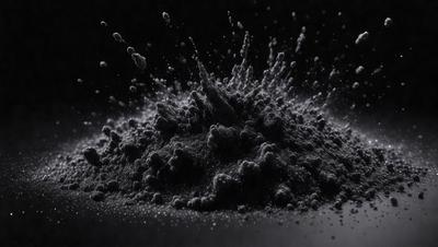 The primary subject of the image is a black substance, possibly a powder or a liquid, that is being splashed or sprayed. The setting appears to be a dark background, which contrasts with the black substance. The visual style of the image is a close-up of the black substance, which creates a dramatic and intense atmosphere. The colors and mood of the image are predominantly dark, with the black substance being the main focus and the background serving as a contrasting element.