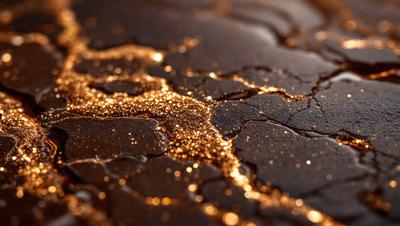 The primary subject of the image is a close-up of a black surface with gold glitter or sparkles on it. The setting appears to be a dark room, and the visual style is a close-up of the glittery surface. The colors and mood of the image are predominantly dark and mysterious, with the gold glitter adding a touch of brightness and intrigue to the scene.
