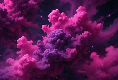 The primary subject of the image is a purple cloud, which is the main object, scene, or focus of the image. The setting or background features a purple sky, which adds to the overall atmosphere of the image. The visual style of the image is digital art, as it is a computer-generated or digitally created piece. The dominant colors in the image are purple and pink, creating a vibrant and lively mood.