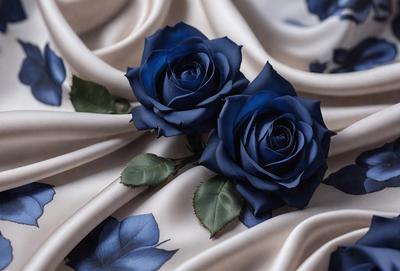 The primary subject of the image is a pair of blue roses. They are placed on a white background, which creates a striking contrast between the blue flowers and the white fabric. The visual style of the image is a close-up of the flowers, showcasing their details and beauty. The colors and mood of the image are predominantly blue, with the blue roses being the main focus, and the white background providing a clean and elegant backdrop.