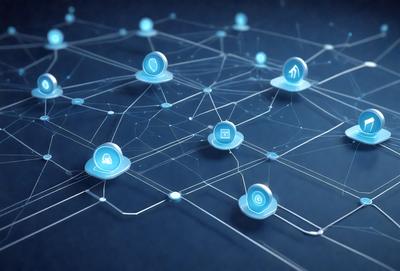 The primary subject of the image is a complex network of interconnected blue dots. The setting is a blue background, and the visual style appears to be a digital art or illustration. The colors and mood of the image are predominantly blue, creating a calm and serene atmosphere.