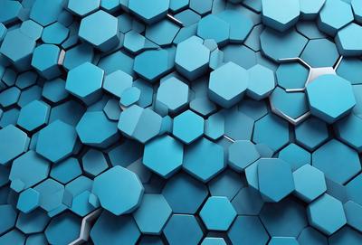 The primary subject of the image is a blue and white pattern, which is a close-up of a blue and white hexagonal tile. The setting is a blue background, and the visual style is a close-up of a tile. The colors and mood of the image are predominantly blue and white, creating a clean and modern atmosphere.