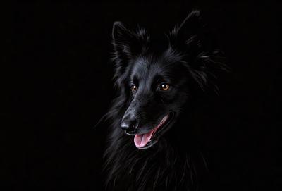 The primary subject of the image is a black dog with a panting mouth. The dog is the main focus of the image, and it appears to be a close-up shot. The setting is a dark background, which emphasizes the dog's features. The visual style is a black and white photo, giving the image a classic and timeless appearance. The dominant colors are black and white, and the overall atmosphere is calm and focused on the dog.
