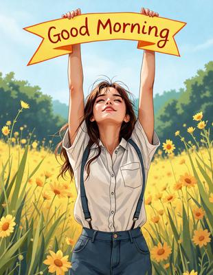 The primary subject of the image is a woman with long hair, who is holding up a sign that reads "Good morning." She is wearing a white shirt and blue jeans. The setting is a field with yellow flowers, creating a pleasant and cheerful atmosphere. The visual style is a combination of digital art and illustration, giving the image a vibrant and lively appearance. The dominant colors are yellow and white, which contribute to the overall positive and uplifting mood of the scene.