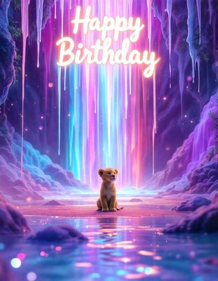 The image features a small lion sitting in a purple and blue forest. The lion is the primary subject of the image, and it appears to be looking at the camera. The setting is a colorful, fantasy-like environment with a mix of purple and blue hues. The visual style of the image is a combination of photo and digital art, creating a unique and vibrant atmosphere. The colors and mood of the image are lively and whimsical, with the purple and blue tones adding a