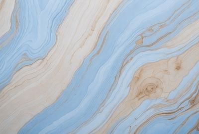 The primary subject of the image is a wooden surface with a blue and white marbled pattern. The setting is a room with a blue and white marbled wall, which adds to the overall atmosphere. The visual style of the image is a combination of a photo and digital art, creating a unique and intricate design. The colors and mood of the image are predominantly blue and white, giving it a calm and serene appearance.