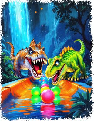The primary subject of the image is a painting of two dinosaurs, specifically a green and a brown one, standing next to each other and facing a water slide. The setting is a water slide, and the visual style is an illustration. The colors and mood of the painting are vibrant and lively, with the dinosaurs appearing to be enjoying their time on the slide.