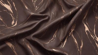 The primary subject of the image is a close-up of a brown fabric, possibly a piece of leather or a marbled material. The setting is a dark background, which contrasts with the fabric. The visual style appears to be a close-up of the fabric, showcasing its texture and pattern. The colors in the image are predominantly brown, giving the scene a warm and earthy atmosphere.