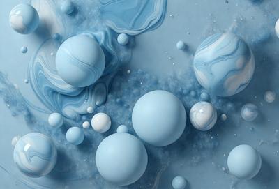 The primary subject of the image is a collection of blue and white balls, which are floating in a blue background. The setting appears to be a digital art or illustration, as the balls are arranged in a visually appealing manner. The visual style is a mix of realistic and artistic elements, creating a unique and captivating scene. The dominant colors in the image are blue and white, giving the scene a calm and serene atmosphere.
