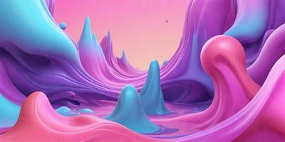 The primary subject of the image is a colorful, abstract landscape featuring a variety of shapes and colors. The setting is a pink and purple background, which adds to the vibrant atmosphere. The visual style is a combination of digital art and illustration, creating a unique and eye-catching scene. The dominant colors are pink and purple, with other colors such as blue and green also present in the image. The overall mood is one of creativity and artistic expression.