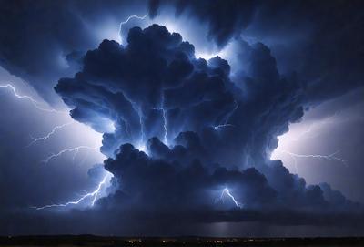 Primary subject: A large, dark cloud with lightning illuminating it.

Setting/background: The cloud is hovering over a city, with buildings and lights visible in the distance.

Visual style: The image is a photo of the cloud, capturing the lightning and the cityscape in the background.

Colors and mood: The cloud is dark and ominous, with the lightning adding a dramatic and intense atmosphere to the scene.