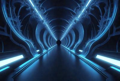 The primary subject of the image is a long, dark tunnel with a blue light illuminating it. The tunnel appears to be empty and extends into the distance. The setting is a futuristic environment, possibly a space station or a subterranean passage. The visual style is a digital art or illustration, with the tunnel and blue light creating a striking contrast against the darkness. The colors and mood of the image are predominantly dark and mysterious, with the blue light adding a touch of intrigue and wonder.