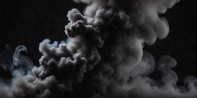 The primary subject of the image is a large, dark cloud with smoke billowing out of it. The setting is a dark sky, and the visual style appears to be a black and white photo. The dominant colors are black and white, and the overall atmosphere is dramatic and intense.