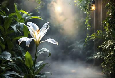 The primary subject of the image is a white lily flower, which is the main focus of the scene. The setting is a forest, with the flower standing in front of a green background. The visual style of the image is a photo, capturing the beauty of the lily in its natural environment. The dominant colors in the image are white and green, creating a serene and peaceful atmosphere.