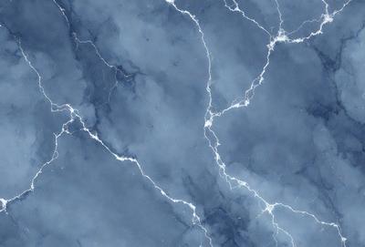 The primary subject of the image is a blue marble wall with a pattern of lightning bolts. The setting is a dark room, and the visual style is a digital art or illustration. The dominant colors are blue and white, creating a calm and serene atmosphere.