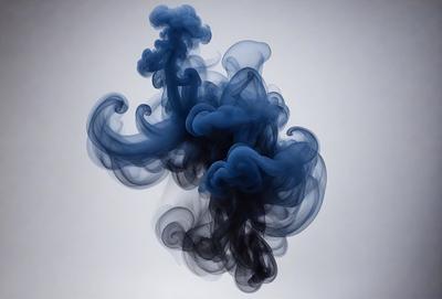 The primary subject of the image is a blue smoke or vapor, which appears to be a part of a larger, more complex pattern. The setting is a white background, which provides a clean and minimalist appearance. The visual style is a combination of a photo and a digital art, illustration, or drawing, creating a unique and intriguing image. The dominant colors are blue and white, giving the scene a calm and serene atmosphere.