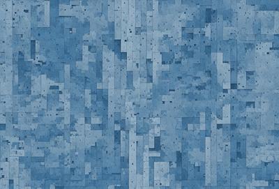 The primary subject of the image is a blue tile floor with a pattern of dots. The setting is a room with a blue wall, and the visual style is a digital art or illustration. The colors and mood of the image are predominantly blue, creating a calm and serene atmosphere.