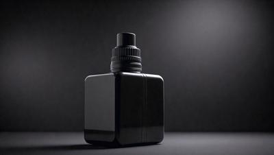 The primary subject of the image is a black bottle with a black cap, which is placed on a table. The setting is a dark room, and the visual style is a close-up of the bottle. The colors and mood of the image are predominantly dark, creating a moody atmosphere.