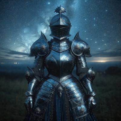 The primary subject of the image is a woman dressed in a medieval-style armor, standing in a field under a night sky. The setting is a grassy area with a few stars visible in the sky. The visual style of the image is a combination of photo and digital art, creating a unique and intriguing scene. The woman's armor is silver, and the overall atmosphere of the image is one of mystery and elegance.