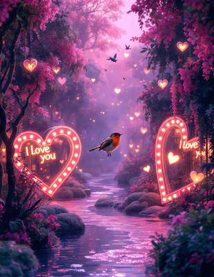 The primary subject of the image is a small bird perched on a branch in a pink and purple forest. The setting is a beautiful, colorful forest with a stream running through it. The visual style is a digital art illustration, creating a whimsical and magical atmosphere. The dominant colors are pink and purple, giving the scene a romantic and enchanting mood.
