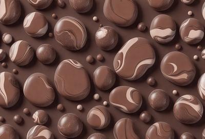 The primary subject of the image is a close-up of a chocolate candy, which is a piece of chocolate with a swirl pattern. The setting is a chocolate-covered surface, which could be a chocolate bar or a chocolate-themed background. The visual style is a close-up of the chocolate candy, showcasing its texture and pattern. The colors and mood of the image are predominantly brown, with the chocolate candy being the