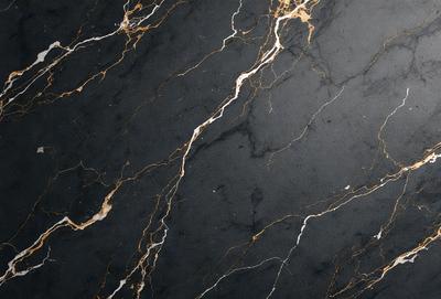 The primary subject of the image is a black marble countertop with gold veins. The setting is a kitchen, and the visual style is a close-up of the marble countertop. The colors and mood of the image are dark and elegant, with the gold veins adding a touch of luxury.