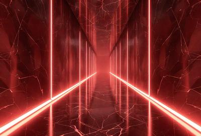 The primary subject of the image is a long hallway with a red glow. The setting is a dark room with a red floor, and the visual style appears to be a digital art or illustration. The dominant colors are red and black, creating a moody and dramatic atmosphere.