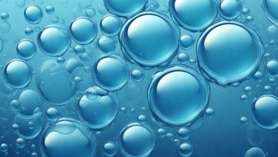 The primary subject of the image is a large body of blue water with numerous small bubbles floating on the surface. The water appears to be a deep blue, creating a serene and calming atmosphere. The visual style of the image is a close-up of the water, showcasing the intricate details of the bubbles. The colors and mood of the image are predominantly blue, with the small bubbles adding a touch of white and light blue.