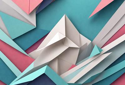 The primary subject of the image is a mountain, which is the main focus of the scene. The mountain is depicted in a three-dimensional, paper-cut style, giving it a unique and artistic appearance. The setting is a blue and pink background, which adds a vibrant and lively atmosphere to the image. The visual style is a combination of digital art and illustration, creating a visually appealing and creative representation of the mountain.