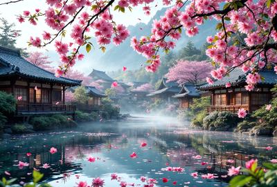 The primary subject of the image is a beautiful scene of a pink flower-covered mountain with a river flowing through it. The setting is a serene, natural environment with a mountainous backdrop. The visual style of the image is a combination of photo and digital art, creating a stunning and realistic representation of the scene. The dominant colors in the image are pink and purple, giving the scene a romantic and peaceful atmosphere.