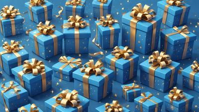 The primary subject of the image is a collection of blue gift boxes with gold ribbons and gold bows. The setting is a blue background, and the visual style appears to be a digital art or illustration. The dominant colors are blue and gold, creating a festive and celebratory atmosphere.