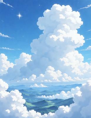The primary subject of the image is a cloudy sky with a mountain range in the background. The setting is a vast, open landscape with a mountain range in the distance. The visual style is a combination of digital art and illustration, creating a vibrant and dynamic scene. The colors and mood are predominantly blue and white, with a hint of green, giving the image a serene and peaceful atmosphere.