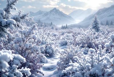 Primary subject: Snow-covered bushes and trees.
Setting/background: A snowy mountain range in the background.
Visual style: Digital art.
Colors and mood: The image is predominantly white, with snow covering the bushes and trees, creating a serene and peaceful atmosphere.