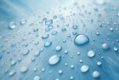 The primary subject of the image is a close-up of a blue surface, possibly a piece of fabric or a wall, with numerous small droplets of water on it. The setting appears to be a room with a blue background. The visual style is a close-up of the blue surface, which gives a sense of depth and detail to the image. The colors and mood of the image are predominantly blue, creating a calm and serene atmosphere.