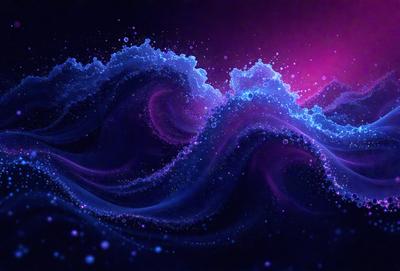 The primary subject of the image is a large, swirling mass of blue and purple colors, resembling a wave or a flowing liquid. The setting is a dark, purple background that contrasts with the vibrant colors of the main subject. The visual style appears to be a digital art or illustration, as the colors and patterns are intricately detailed and well-defined. The overall atmosphere of the image is one of depth, movement, and a sense of wonder, as the viewer is drawn into the