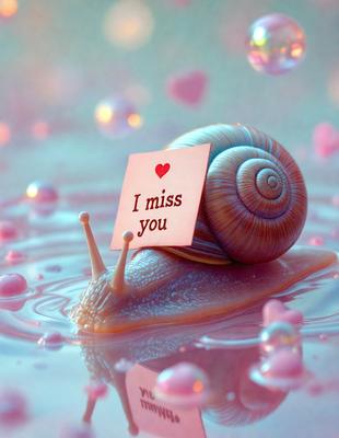 Primary subject: A snail with a heart-shaped sign on its back.

Setting/background: The snail is in a body of water, surrounded by bubbles.

Visual style: The image is a digital artwork.

Colors and mood: The colors are predominantly pink and blue, creating a warm and romantic atmosphere.