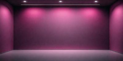 The primary subject of the image is a large, empty room with a pink wall. The setting is a dark room with a purple wall, and the visual style is a photo. The dominant colors in the image are pink and purple, creating a moody and dramatic atmosphere.