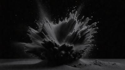 The primary subject of the image is a large, black and white explosion, which appears to be a digital art or illustration. The setting is a black background, and the visual style gives the impression of a volcanic eruption or a similar dramatic event. The colors and mood of the image are predominantly dark and dramatic, with the explosion being the main focus of the scene.