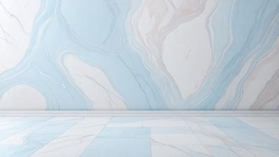 The primary subject of the image is a marble tile floor with a blue and white pattern. The setting is a room with a blue and white marble wall, which complements the floor. The visual style is a photo of the floor and wall, showcasing the intricate design and texture of the marble. The colors and mood of the image are predominantly blue and white, creating a clean and elegant atmosphere.